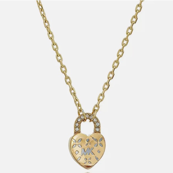 Michael Kors Logo Love Gold Tone Heart Lock Pendant Necklace - Picture 8 of 9